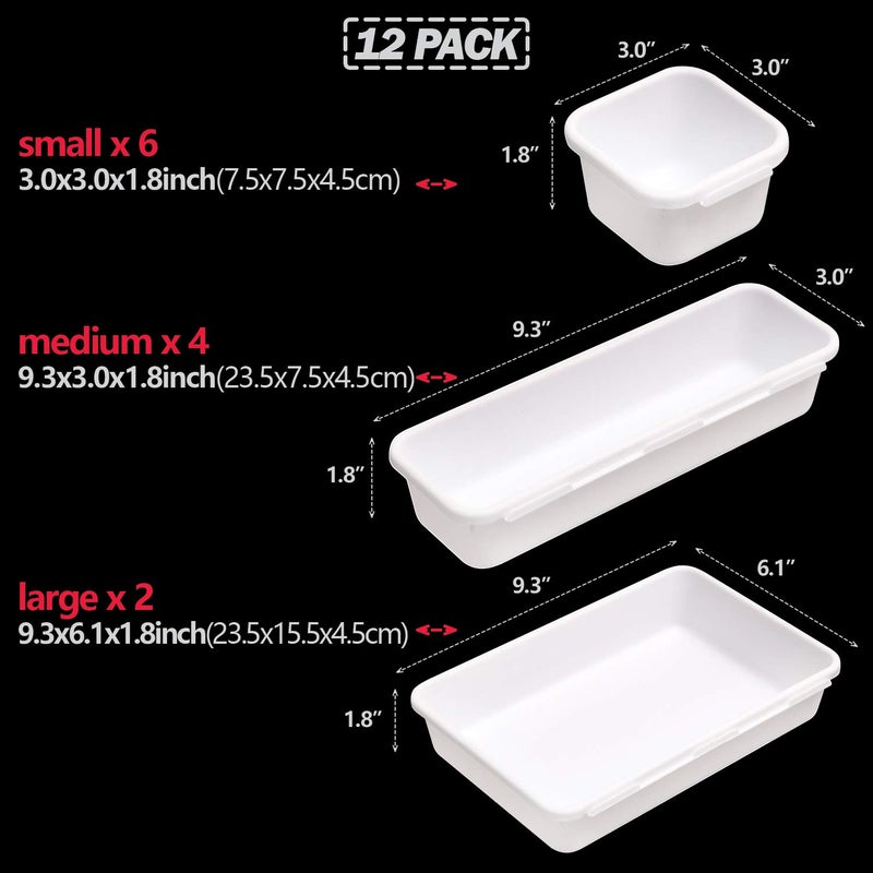 TENABORT Set of 12 Interlocking Desk Drawer Organizer Tray Dividers Plastic Shallow Narrow Drawers Organizers Separators Storage Bins Container for Kitchen Bathroom Makeup Office Vanity Bedroom Dresser White - Image 3
